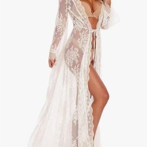 Elegant Lace Long Robe - Cream